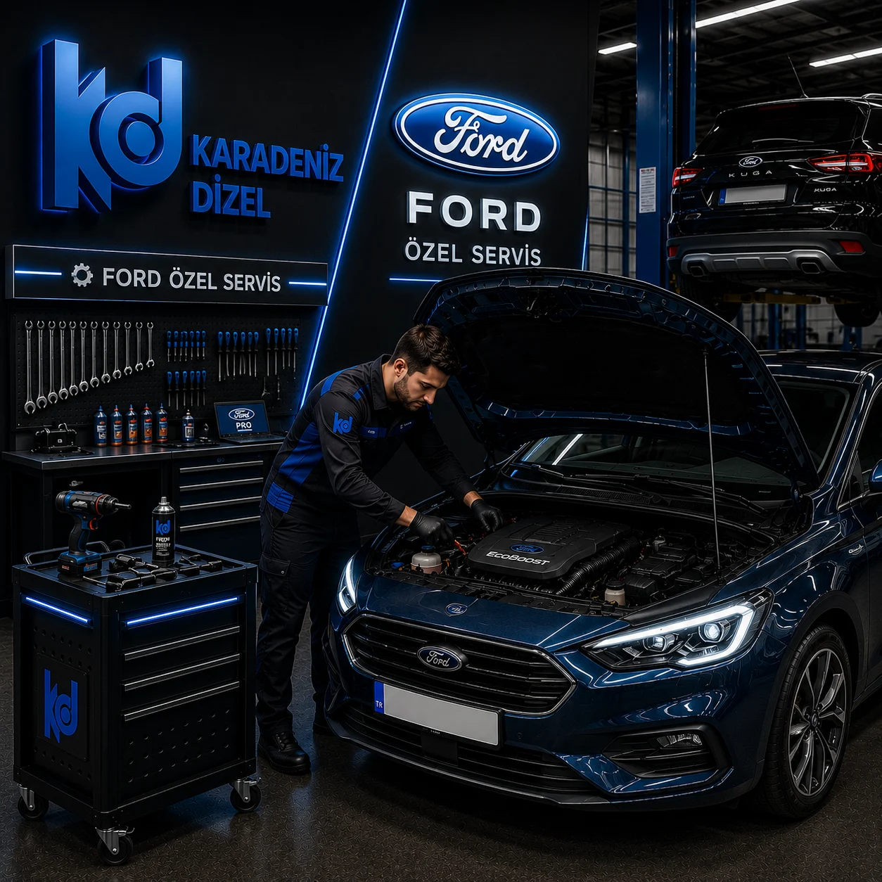 Karadeniz Dizel Oto Servis teknisyeni Ford araca müdahale ederken